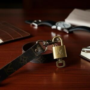 Authentic Louis Vuitton Brass Padlock & Key with Brown Strap